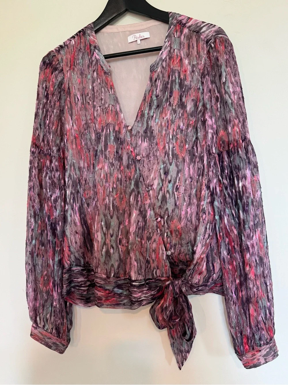 Parker Niko Silk Blend Batik Print Tie-Front Blouse Size Large